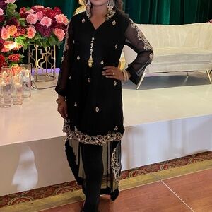 Khoshgel Elegant Black and Gold Embellished Hi-Lo formal Dress